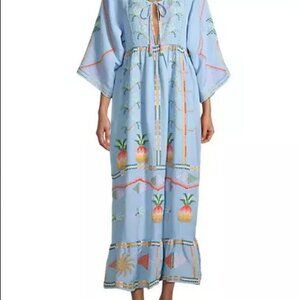 Farm Rio Pineapple Embroidered Linen Blend Maxi Dress Tie Front M